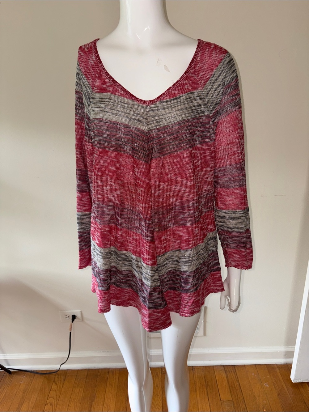 new directions Striped V-Neck Long Sleeve Top - Raspberry Gray Thin Breezy